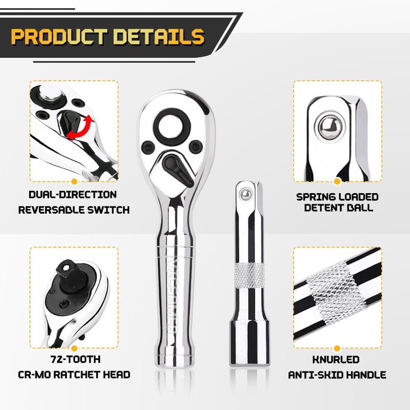 Tiosamd Stubby Ratchet Set- 3/8" Drive Ratchet Handle with a Extension Bars, Gift for Men 72-T Reversible Quick Release Head Premium Mini Ratchet Wrench for Narrow Spaces - Image 3